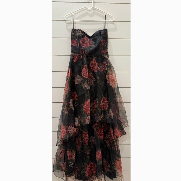 NWT Lulus Truly Extraordinary Black Floral Organza Strapless Maxi Dress - Size S - Picture 1 of 5